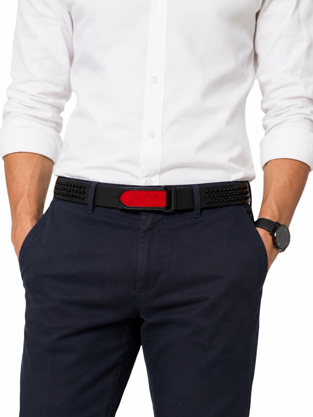 Christian Louboutin Loubi Spike Logo Leather Belt Black Men Size 95/38